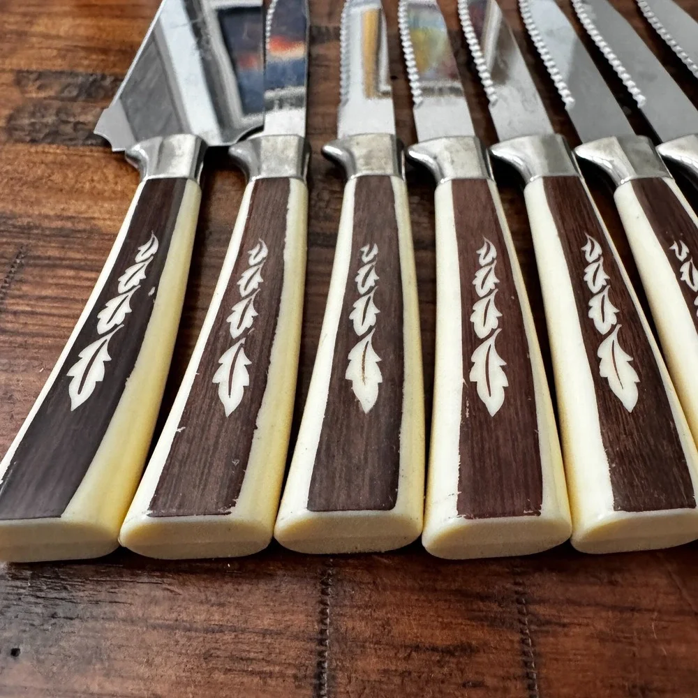 MCM Vintage 10 Regent Sheffield Kitchen Knives & One fork‎ Ivory Brown Leaf